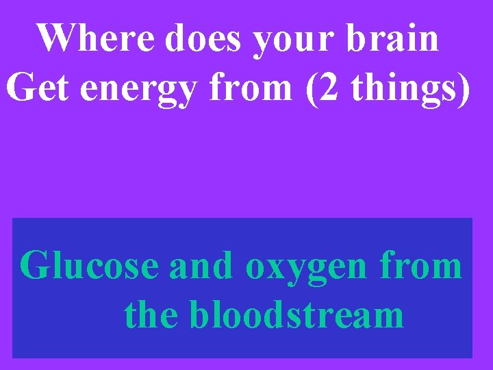 Where does your brain Get energy from (2 things) Glucose and oxygen from the