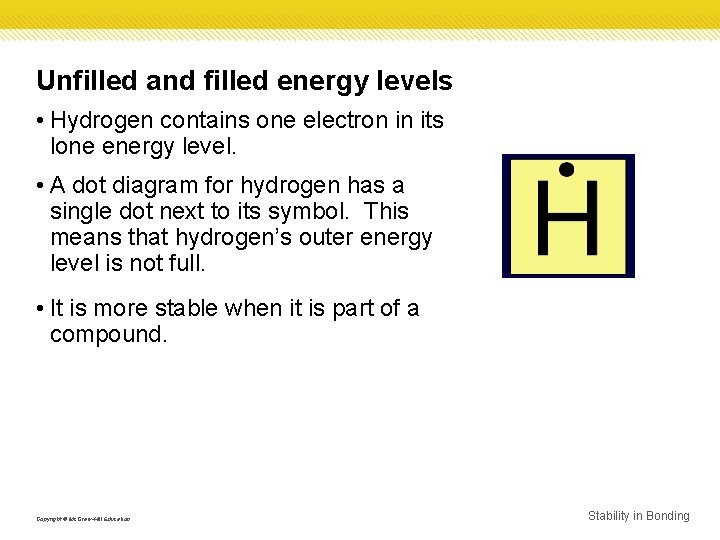 Unfilled and filled energy levels • Hydrogen contains one electron in its lone energy