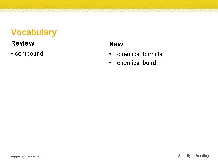 Vocabulary Review New • compound • chemical formula • chemical bond Copyright © Mc.