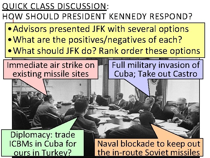 QUICK CLASS DISCUSSION: HOW SHOULD PRESIDENT KENNEDY RESPOND? • Advisors presented JFK with several