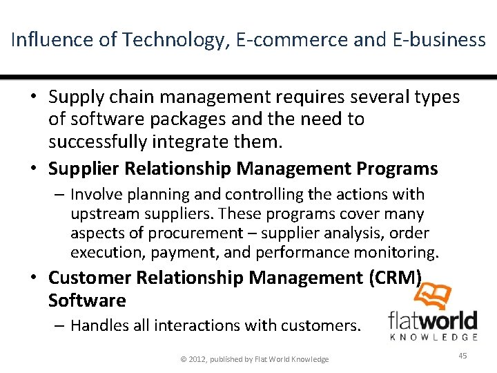 Influence of Technology, E-commerce and E-business • Supply chain management requires several types of