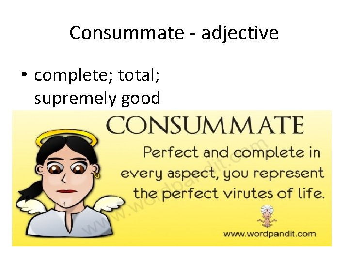 Consummate - adjective • complete; total; supremely good 