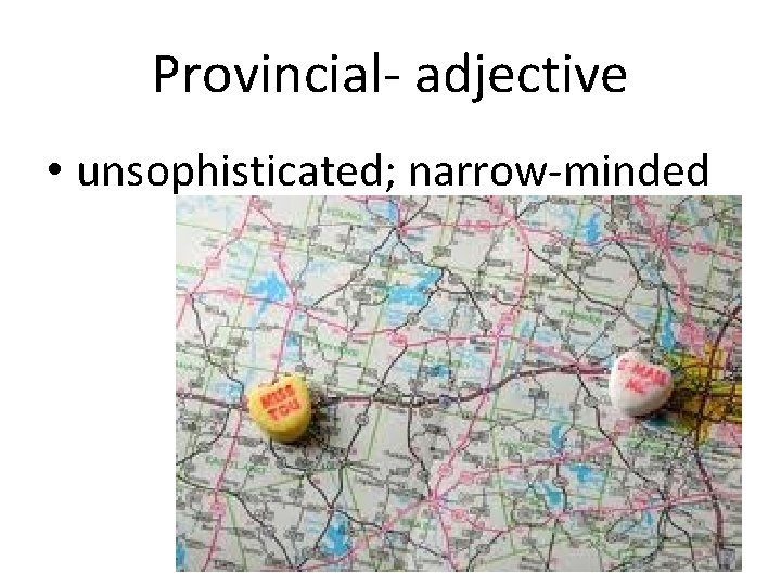 Provincial- adjective • unsophisticated; narrow-minded 