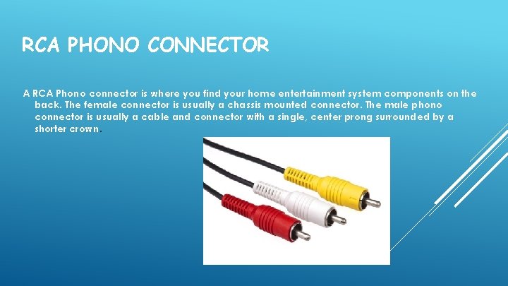RCA PHONO CONNECTOR A RCA Phono connector is where you find your home entertainment