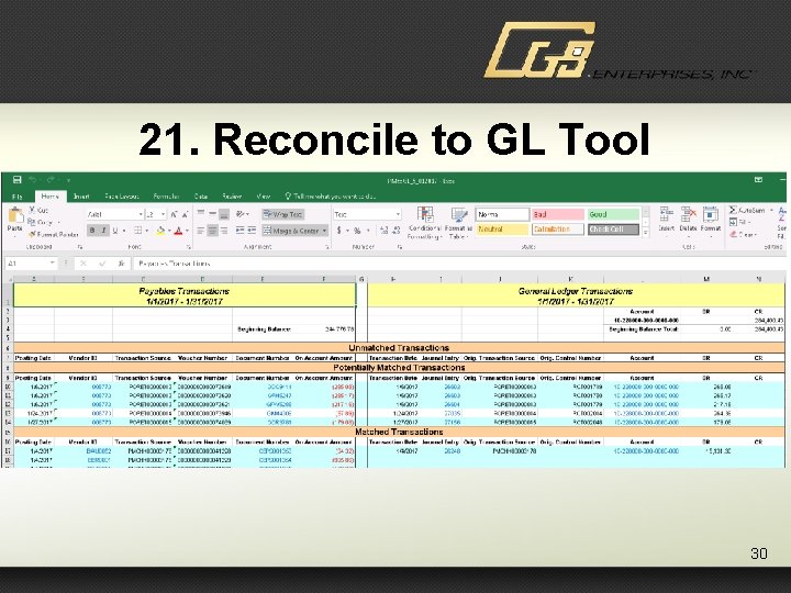 21. Reconcile to GL Tool 30 