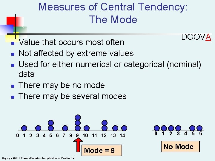 Measures of Central Tendency: The Mode n n n DCOVA Value that occurs most