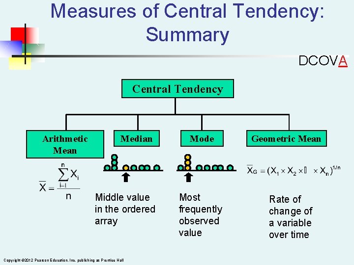 Measures of Central Tendency: Summary DCOVA Central Tendency Arithmetic Mean Median Middle value in
