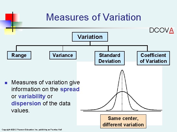 Measures of Variation DCOVA Variation Range n Variance Standard Deviation Coefficient of Variation Measures