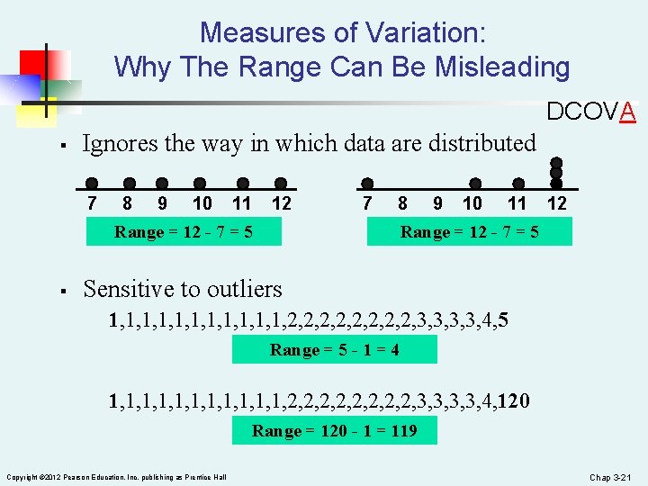Measures of Variation: Why The Range Can Be Misleading DCOVA § Ignores the way