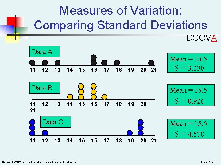 Measures of Variation: Comparing Standard Deviations DCOVA Data A 11 12 13 14 15