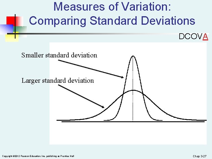 Measures of Variation: Comparing Standard Deviations DCOVA Smaller standard deviation Larger standard deviation Copyright