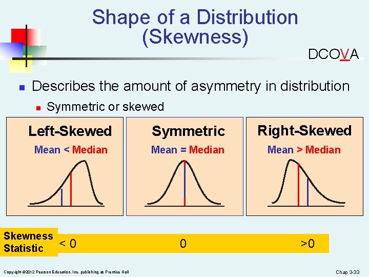 Shape of a Distribution (Skewness) n DCOVA Describes the amount of asymmetry in distribution