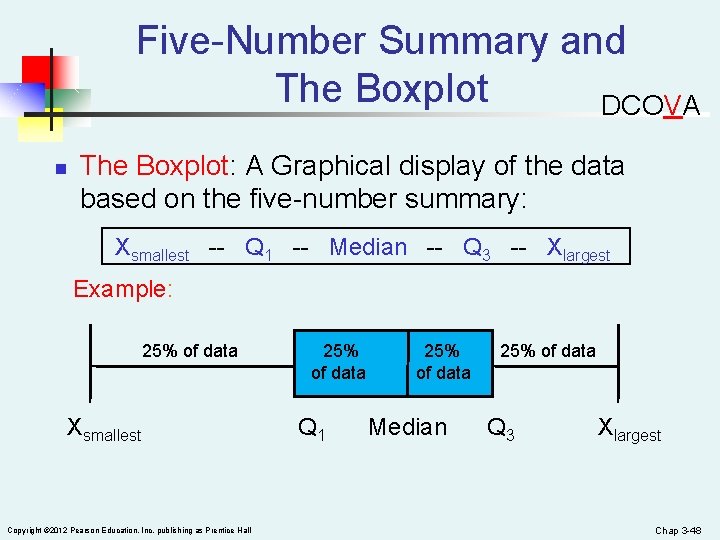 Five-Number Summary and The Boxplot DCOVA n The Boxplot: A Graphical display of the