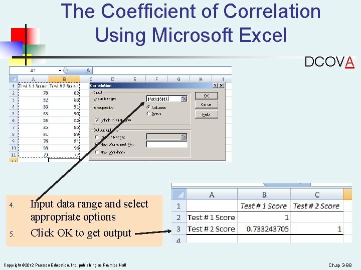 The Coefficient of Correlation Using Microsoft Excel DCOVA 4. 5. Input data range and