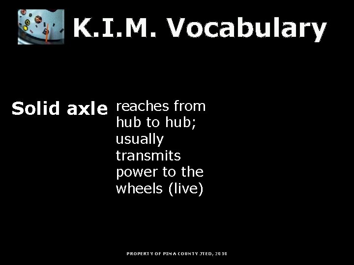 K. I. M. Vocabulary K = Key Word Solid axle I = Information M