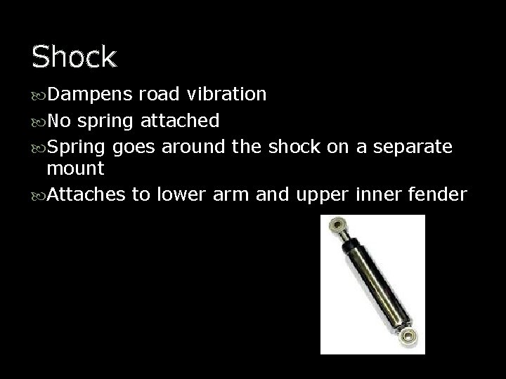 Shock Dampens road vibration No spring attached Spring goes around the shock on a