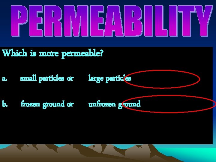 Which is more permeable? a. small particles or large particles b. frozen ground or