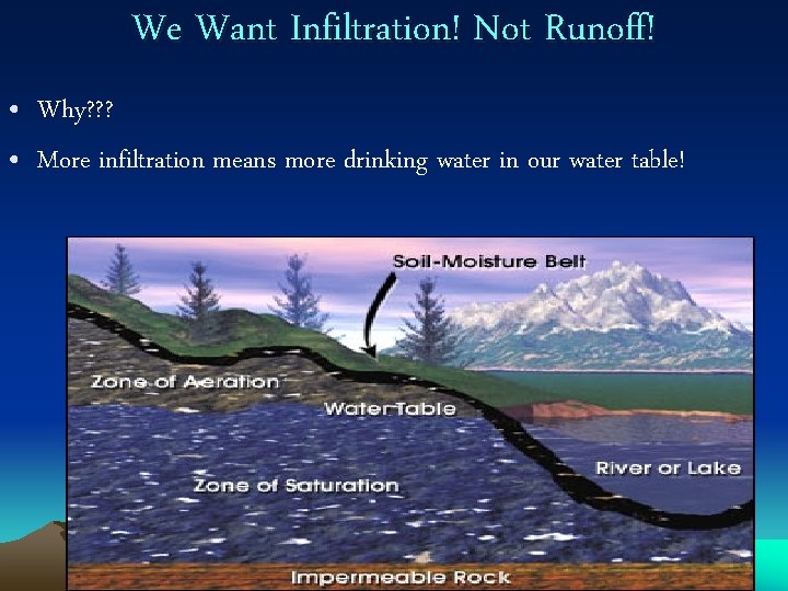 We Want Infiltration! Not Runoff! • Why? ? ? • More infiltration means more