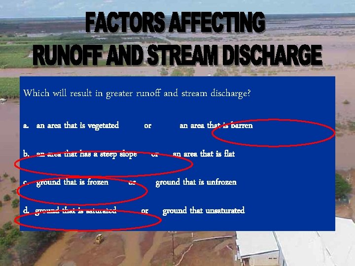 Which will result in greater runoff and stream discharge? a. an area that is