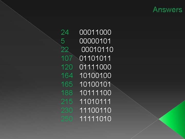 Answers 24 5 22 107 120 164 165 188 215 230 250 00011000 0000010110