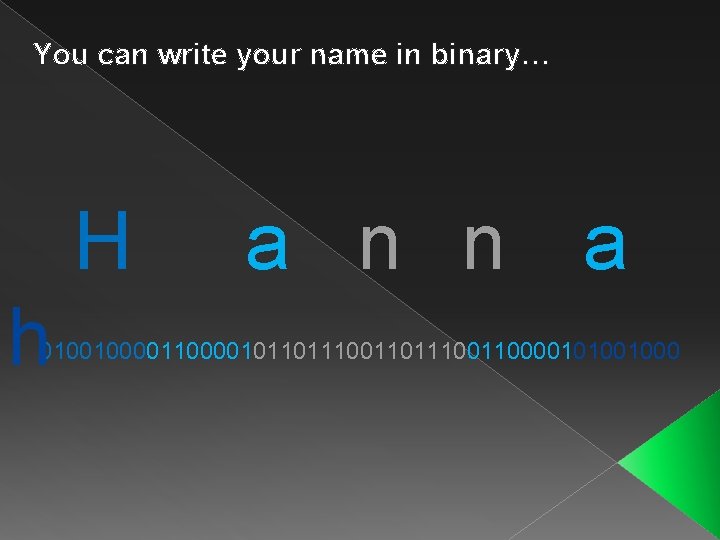 You can write your name in binary… H h a n n a 0100100001011011100110000101001000