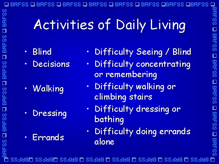 BRFSS BRFSS Activities of Daily Living • Blind • Decisions • Walking • Dressing