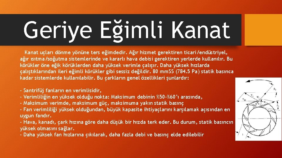 Geriye Eğimli Kanat uçları dönme yönüne ters eğimdedir. Ağır hizmet gerektiren ticari/endüstriyel, ağır ısıtma/soğutma