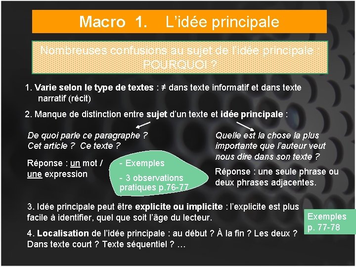 Macro 1. L’idée principale Nombreuses confusions au sujet de l’idée principale : POURQUOI ?