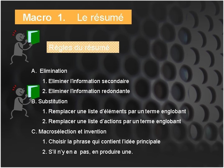 Macro 1. Le résumé Règles du résumé A. Elimination 1. Eliminer l’information secondaire 2.