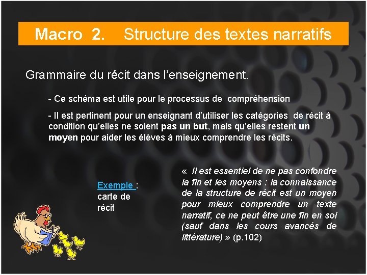 Macro 2. Structure des textes narratifs Grammaire du récit dans l’enseignement. - Ce schéma