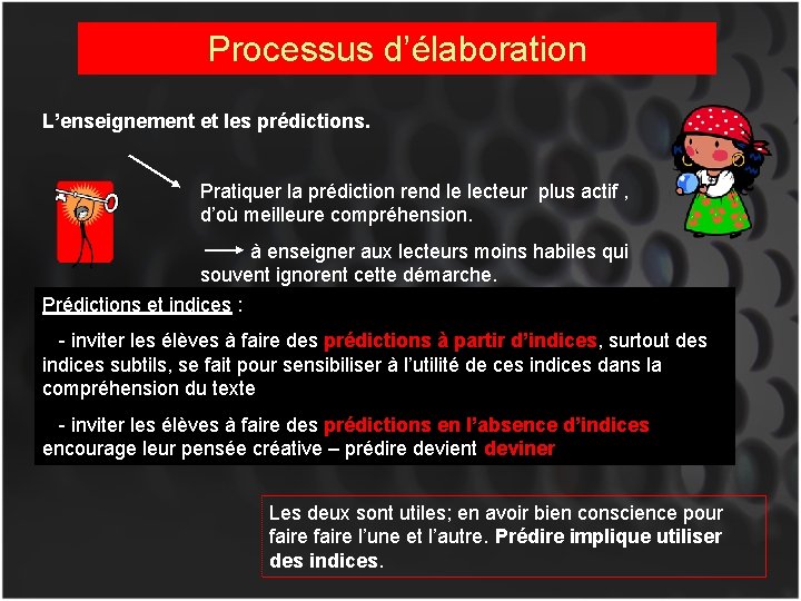 Processus d’élaboration L’enseignement et les prédictions. Pratiquer la prédiction rend le lecteur plus actif