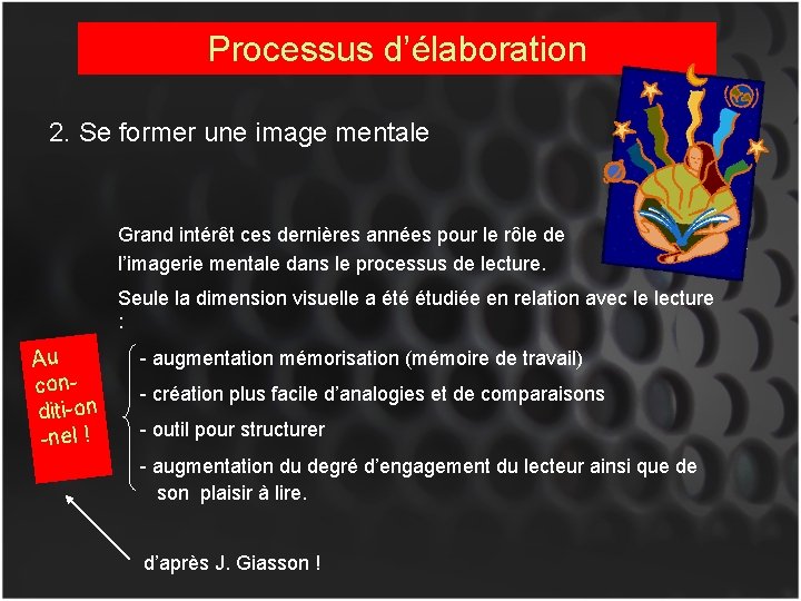 Processus d’élaboration 2. Se former une image mentale Grand intérêt ces dernières années pour