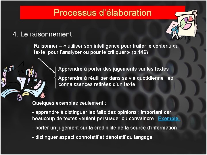 Processus d’élaboration 4. Le raisonnement Raisonner = « utiliser son intelligence pour traiter le