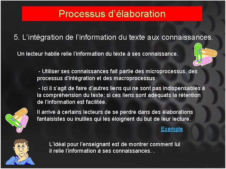 Processus d’élaboration 5. L’intégration de l’information du texte aux connaissances. Un lecteur habile relie