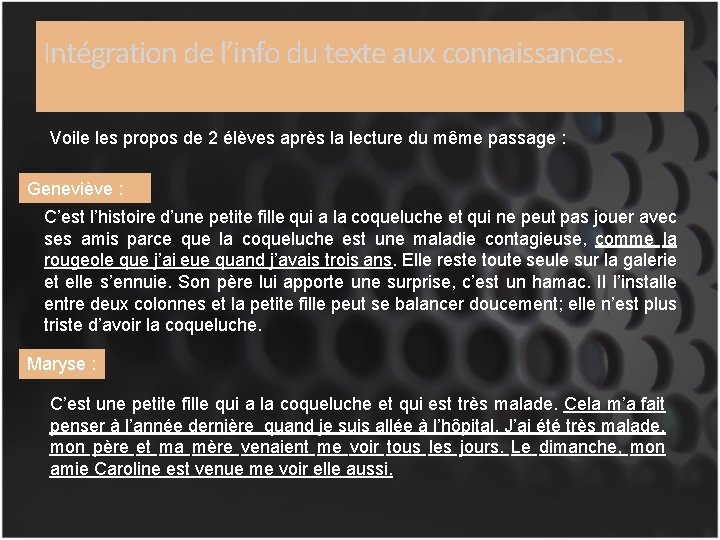 Intégration de l’info du texte aux connaissances. Voile les propos de 2 élèves après