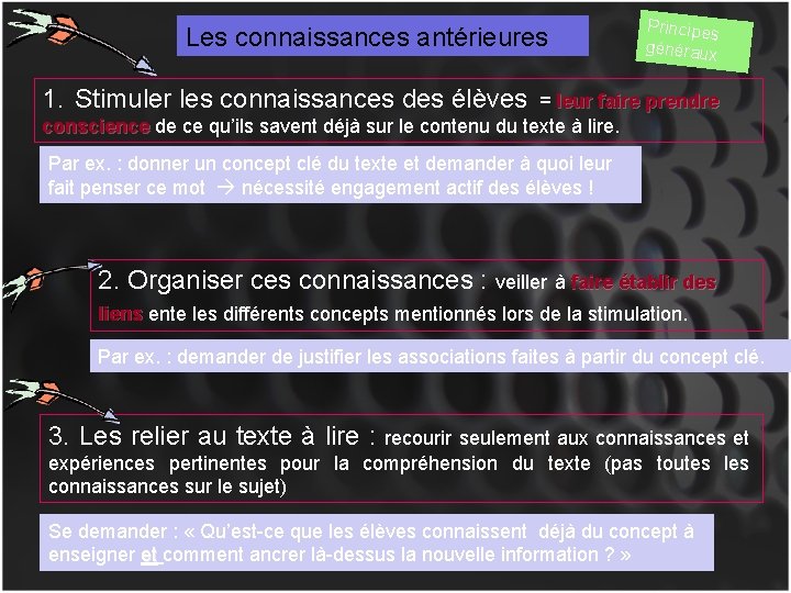 Les connaissances antérieures Principes généraux 1. Stimuler les connaissances des élèves = leur faire