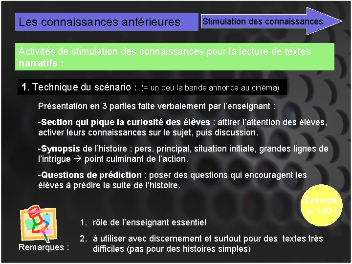 Les connaissances antérieures Stimulation des connaissances Activités de stimulation des connaissances pour la lecture