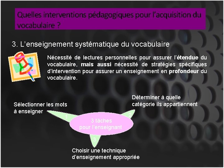 Quelles interventions pédagogiques pour l’acquisition du vocabulaire ? 3. L’enseignement systématique du vocabulaire Nécessité