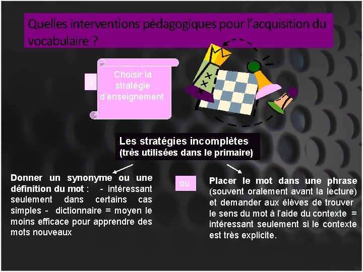 Quelles interventions pédagogiques pour l’acquisition du vocabulaire ? Choisir la 3 stratégie d’enseignement Les