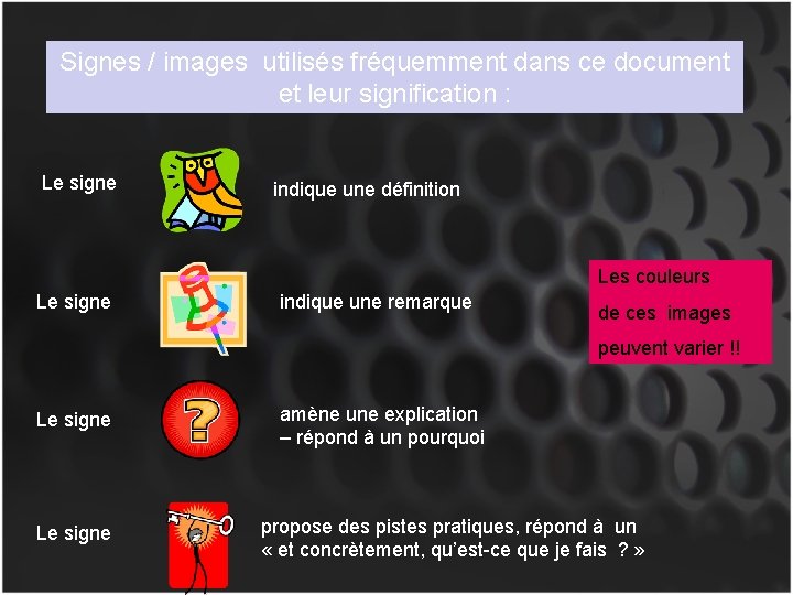 Signes / images utilisés fréquemment dans ce document et leur signification : Le signe