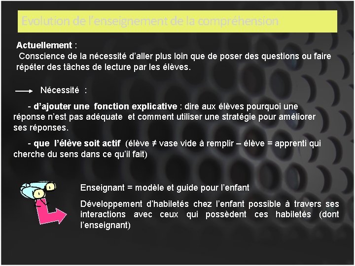 Evolution de l’enseignement de la compréhension Actuellement : Conscience de la nécessité d’aller plus