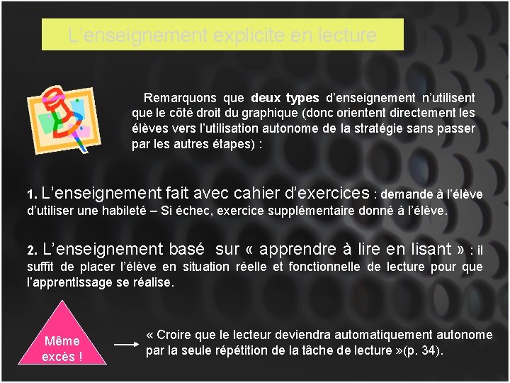 L’enseignement explicite en lecture Remarquons que deux types d’enseignement n’utilisent que le côté droit