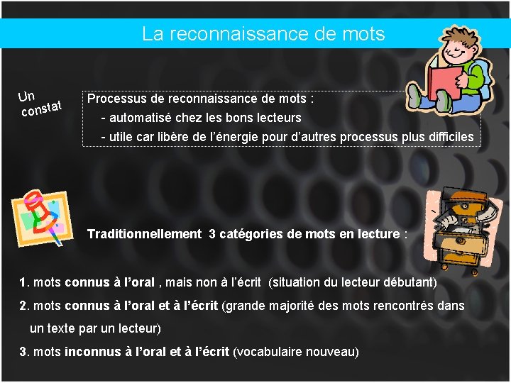 La reconnaissance de mots Un t consta Processus de reconnaissance de mots : -