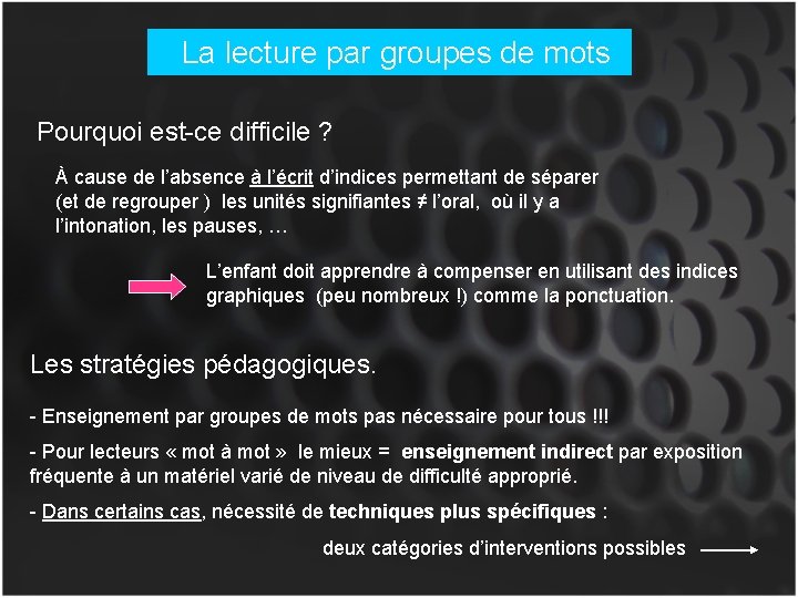 La lecture par groupes de mots Pourquoi est-ce difficile ? À cause de l’absence