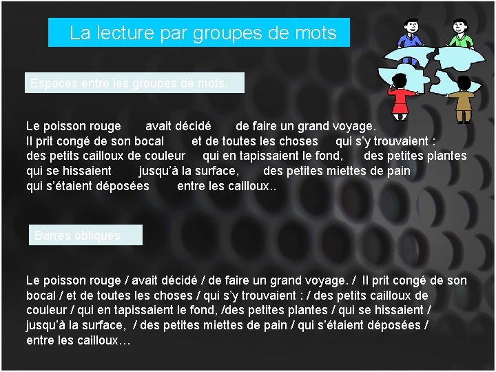 La lecture par groupes de mots Espaces entre les groupes de mots. Le poisson