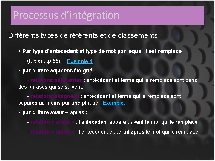 Processus d’intégration Différents types de référents et de classements ! Par type d’antécédent et