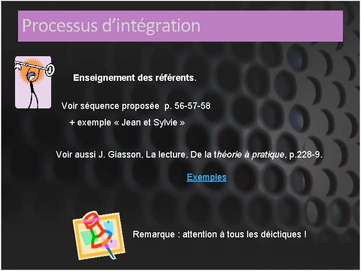 Processus d’intégration Enseignement des référents. Voir séquence proposée p. 56 -57 -58 + exemple