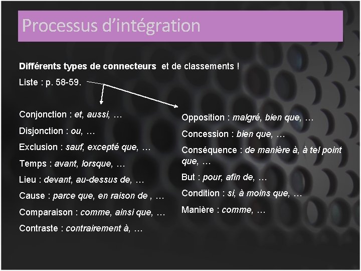 Processus d’intégration Différents types de connecteurs et de classements ! Liste : p. 58