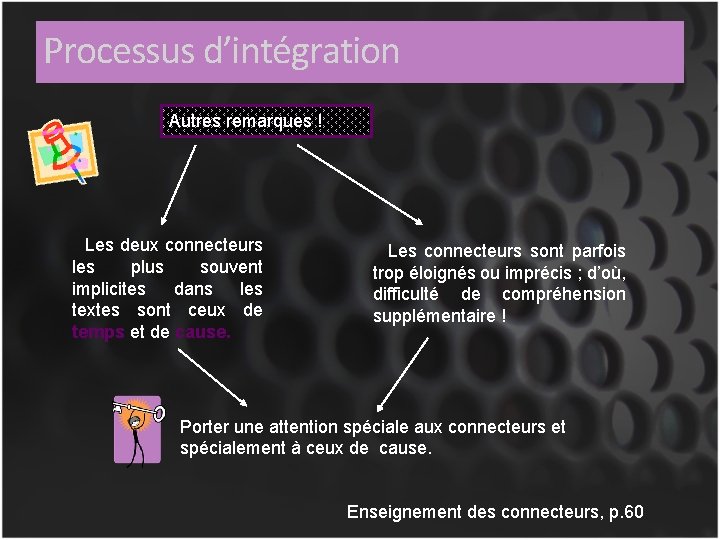 Processus d’intégration Autres remarques ! Les deux connecteurs les plus souvent implicites dans les