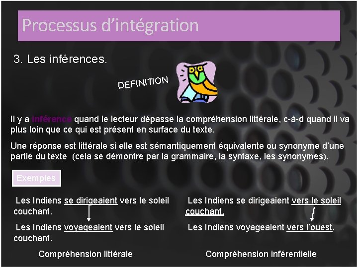 Processus d’intégration 3. Les inférences. ON DEFINITI Il y a inférence quand le lecteur